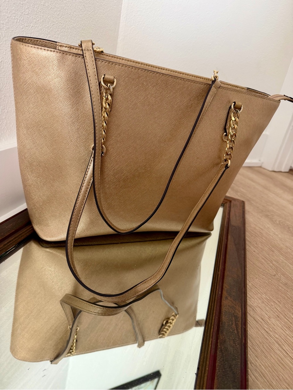 Michael Kors Gold Saffiano Leather Tote Chain Strap Handbag